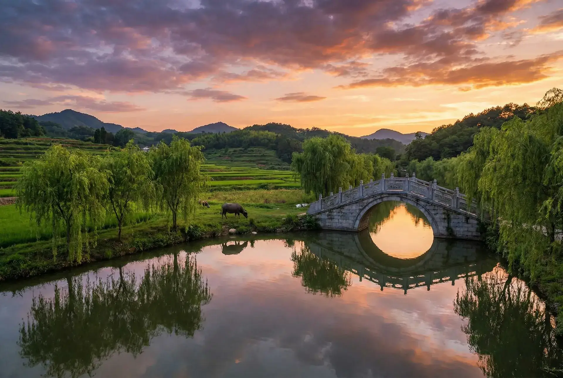 夕阳下的石拱桥与垂柳，水牛在河边吃草 - 高中老师成熟 乡村美景